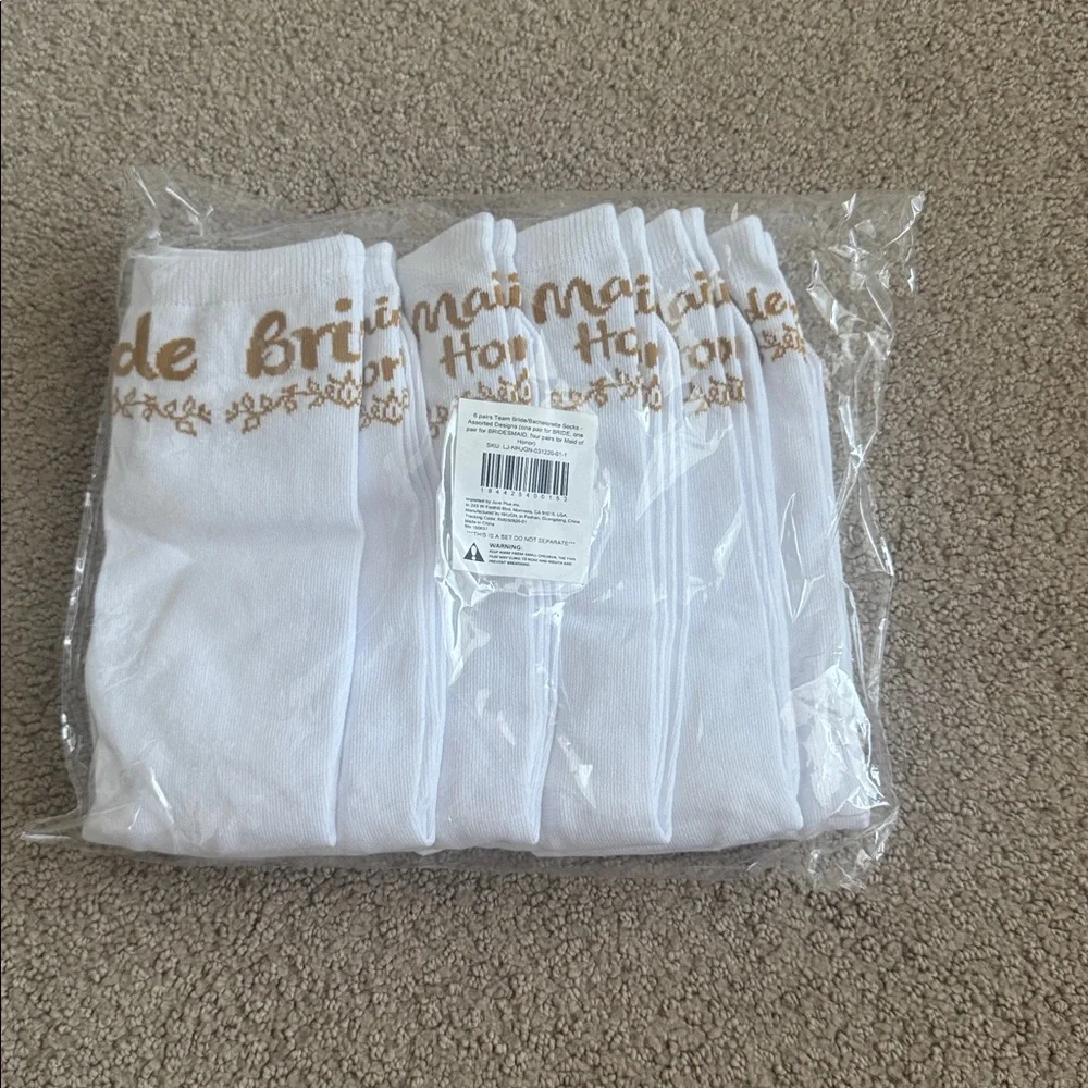 S11‎ Bridal Party 6 Pack Mid-Calf White & Gold Cotton Blend Reinforced Toe Socks